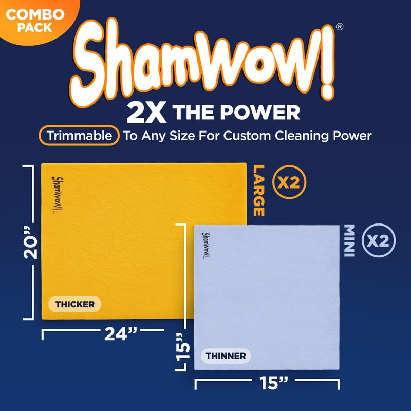ShamWow Original Super Absorbent Multi-Purpose Cleaning Shammy Chamois Towel Cloth - Holds 10X its Weight in Liquid - Machine Washable - Will Not Scratch (4 Pack: 2 Large Orange & 2 Small Blue). - Image 2